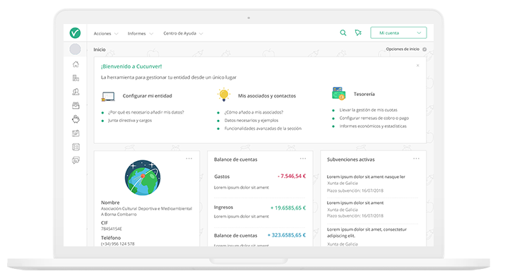 lleva la gestión de socios, gestiana las subvenciones, manten el control de los ingresos y gastos de tu asociación, organiza actividades para tus asociados y planifica tareas con el programa de gestión online para entidades sin animo de lucro cucunver